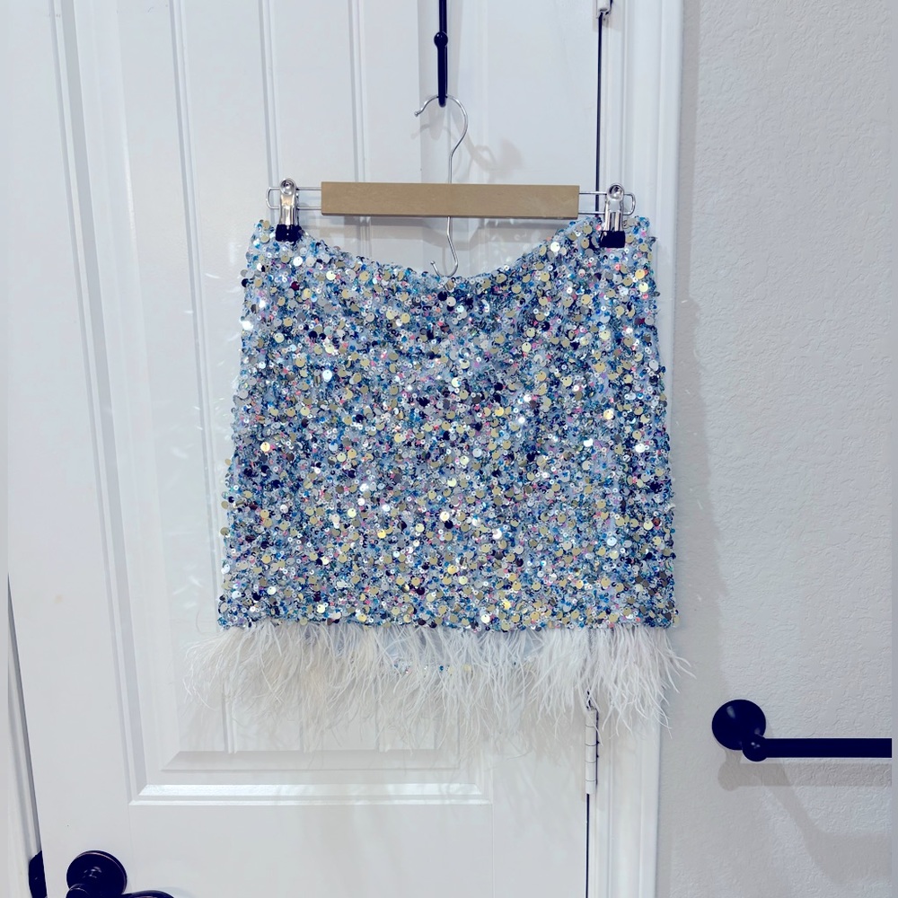 Blue feathered sequin mini skirt